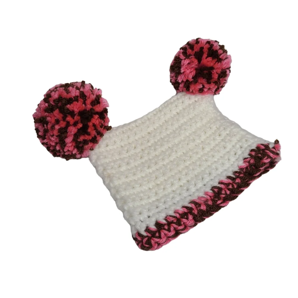 Handmade Knit Toddler Baby Girl Pom Pom Hat Pink White New One Size